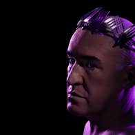 Headshot of very sad looking man with no hair and a crown of fork heads, darkly lit with purple hues.