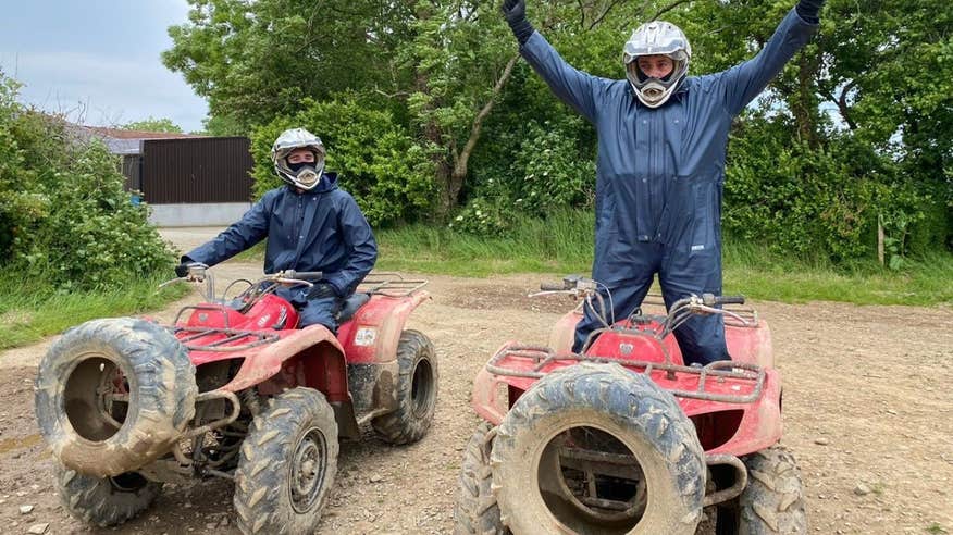 Baz Ashmawy and his son on quad bikes at Quadventure in Wexford.