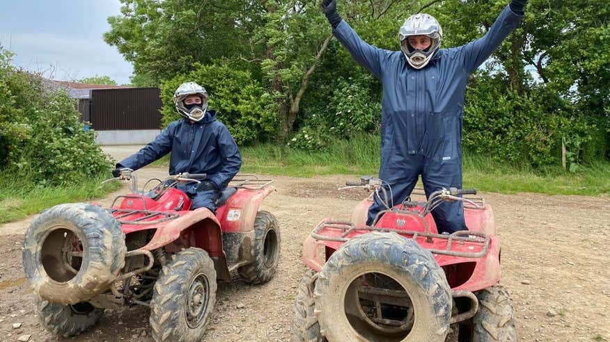Baz Ashmawy and his son on quad bikes at Quadventure in Wexford.