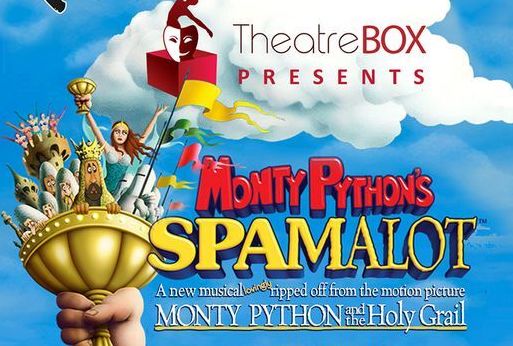 Monty Python’s Spamalot, cartoon image of a hand holding up golden cup filled with people and flags