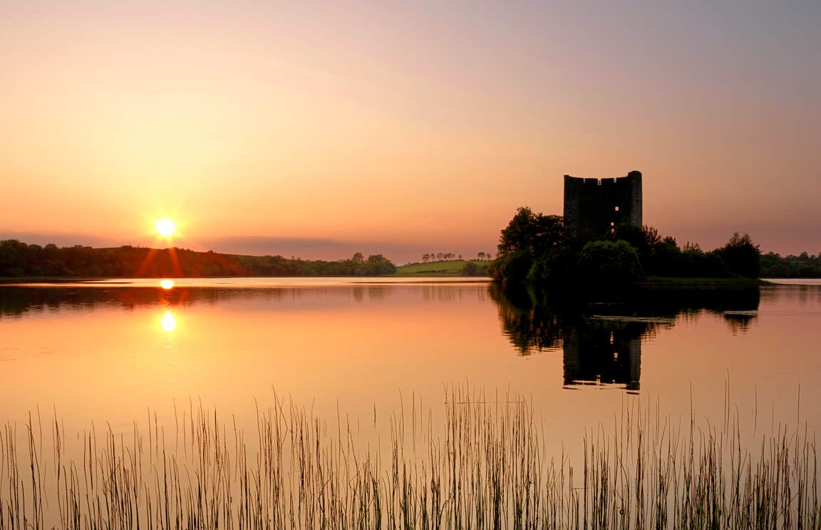Clough Oughter Castle in County Cavan at sunset