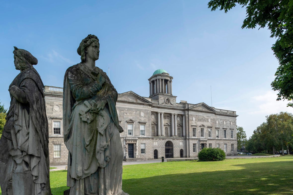 View of statues in front of the Georgian architecture of King's Inns, Henrietta Street, Dublin