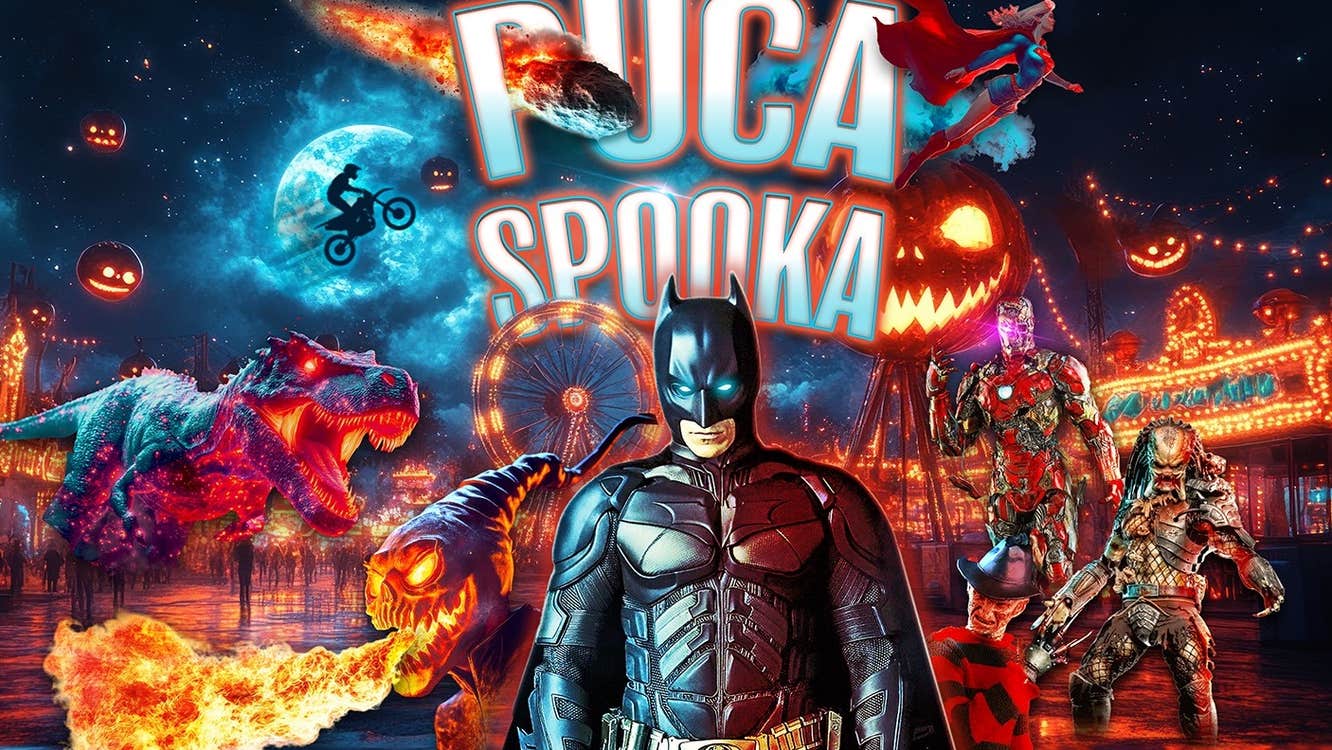 Poster for Púca Spooka Tullamore 2025 with caped hero and other film characters in the background with fire and fairground rides.