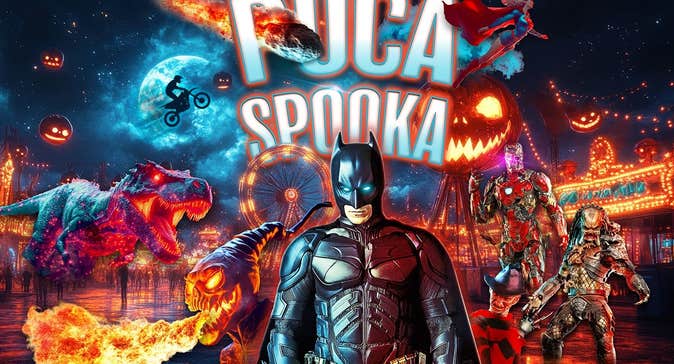 Poster for Púca Spooka Tullamore 2025 with caped hero and other film characters in the background with fire and fairground rides.