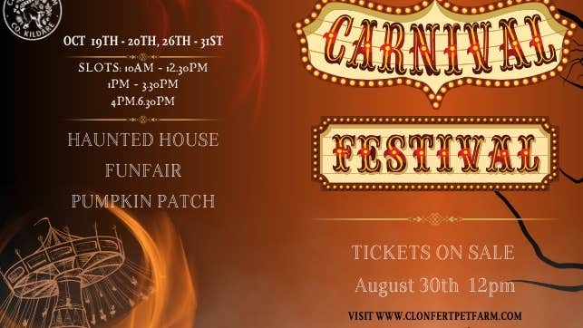 Brown poster with pale event text and 2 yellow circus style banners.