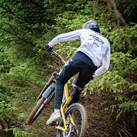 Two bikers mid jump on a forest track beside trees at Glencullen Adventure Park