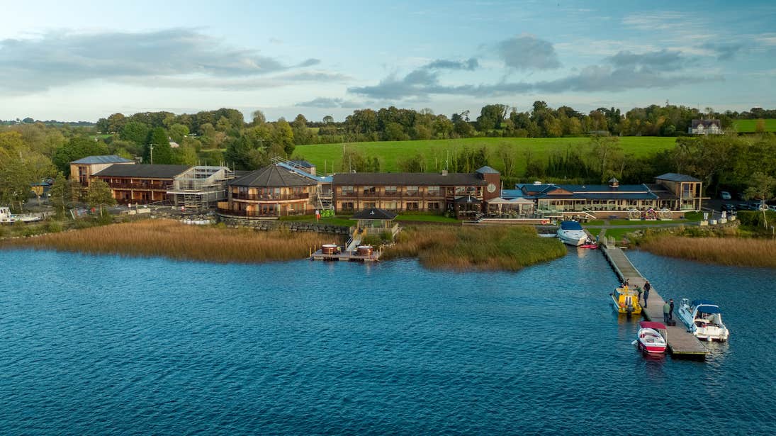 An aerial shot of the Wineport Lodge on a lake in Athlone, Westmeath.