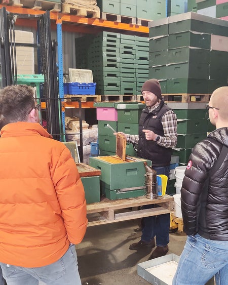 Olly's Farm group watching a guide showing honeycomb from a beehive