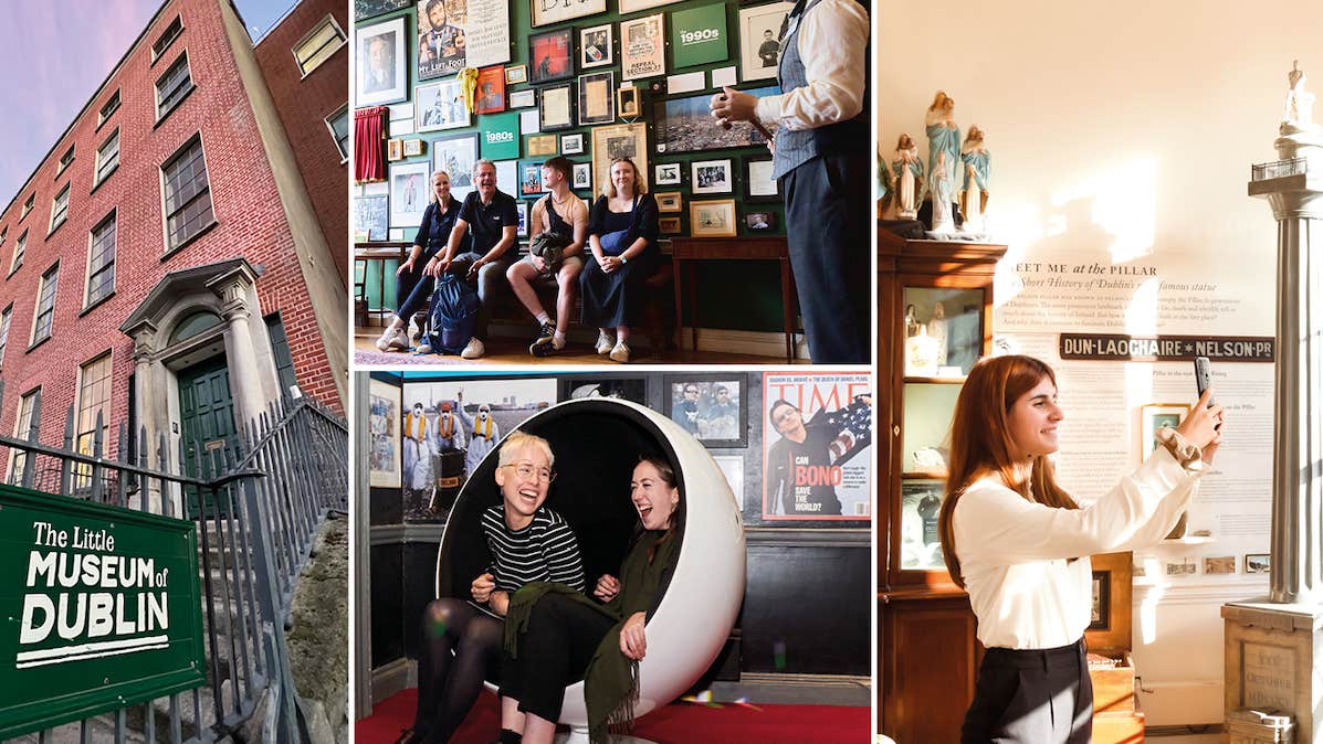4 different views of visitors in a museum looking at exhibits