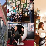 4 different views of visitors in a museum looking at exhibits