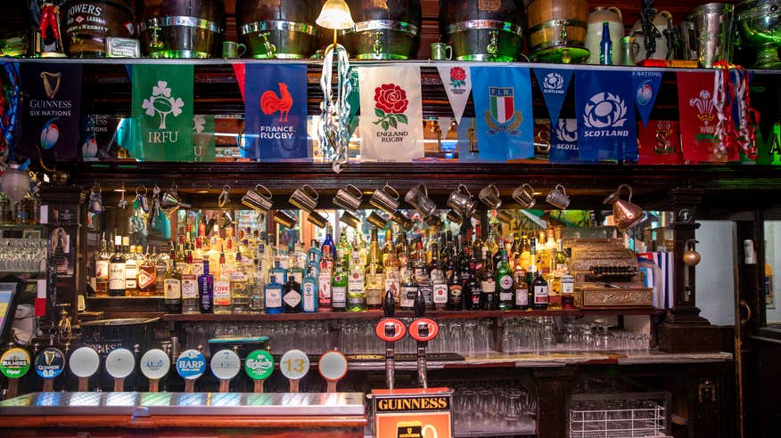 Pub in Dublin with rugby flags.