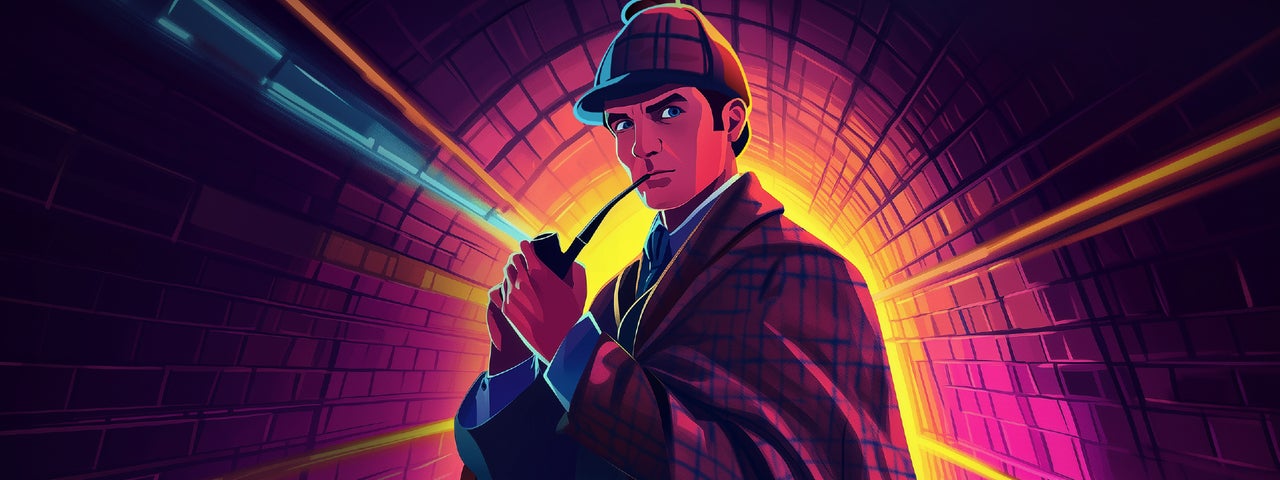 A graphic of Sherlock Holmes on a dark background