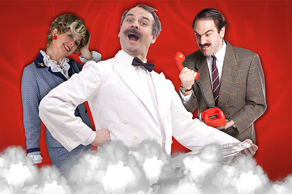A woman in blue suit touching her hair, a man in a brown suit holding a red telephone, looking angry at the receiver and a man with a moustache in a white waiters suit. All against red background.