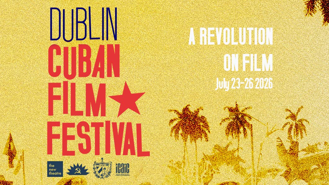 In large navy and red writing, the DCFF logo appears on the left, then on the right it reads 'A revolution on film - July 23-25 2026'. It's a burnt yellow background with a faded version of the famous 1959 photo 'Camilo moving into Havana'