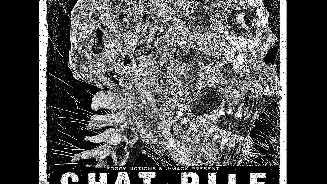 Poster for band Chat Pile with scary grey pen and ink drawing of a skull with eyes.