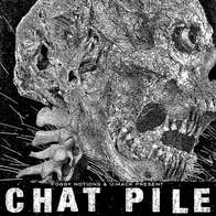 Poster for band Chat Pile with scary grey pen and ink drawing of a skull with eyes.
