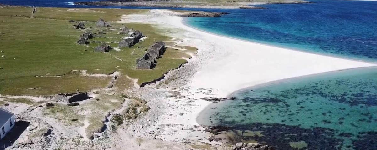 Over view of Inishkea Island beach and the ruins of the old island village