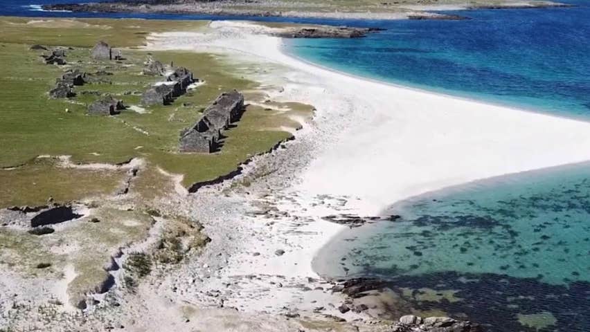 Over view of Inishkea Island beach and the ruins of the old island village