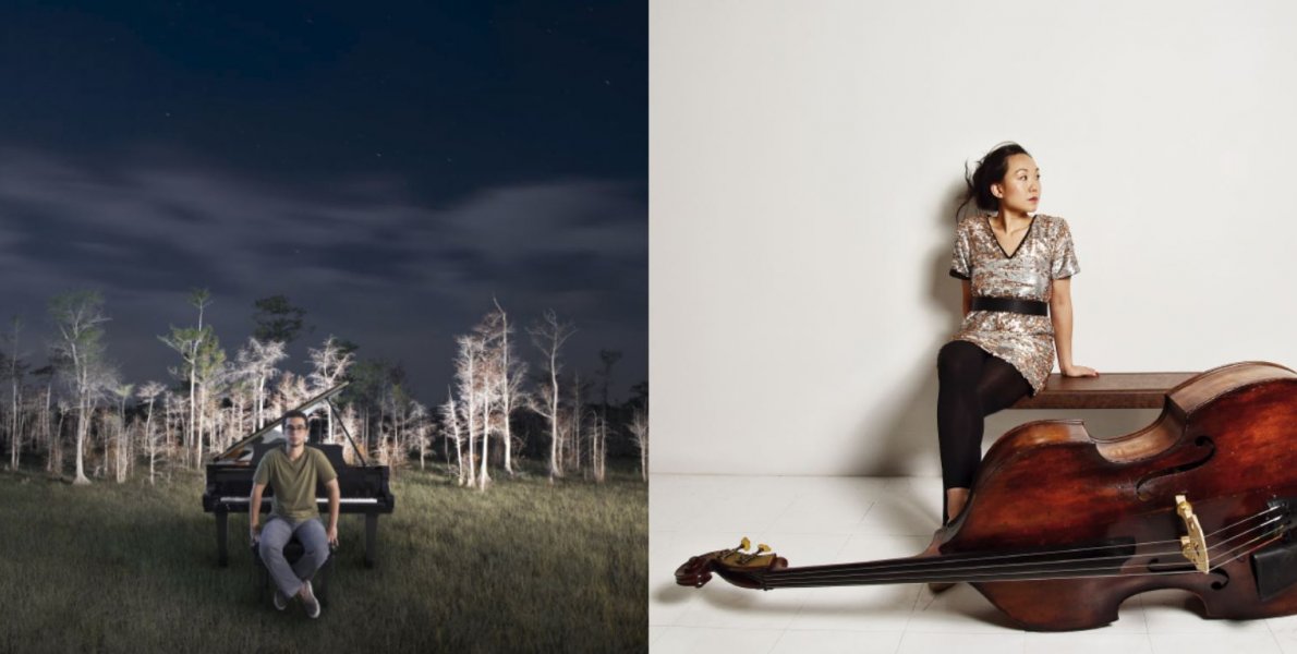 2 images beside each other, one of a woman sitting on a bench with a large bass cello in front of her, the other is a man sat with a grand piano behind him in a field with bare trees and a very dark sky.