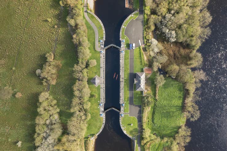 Aerial view of two people kayaking the River Shannon.