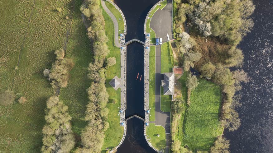 Aerial view of two people kayaking the River Shannon.