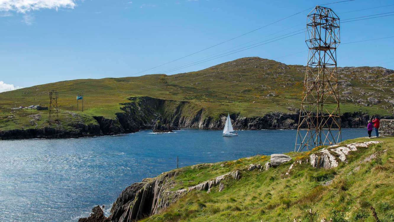 People enjoying the views of Dursey Island and cable car, County Cork