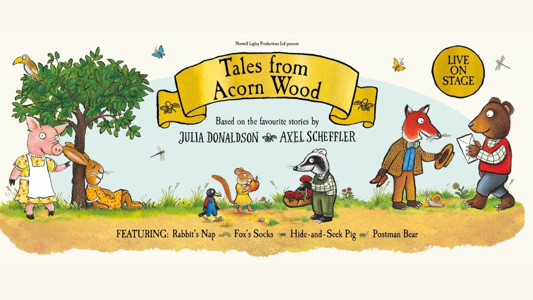 Poster for Tales from Acorn Wood with cartoon animals dressed in clothes like people.
