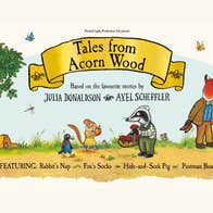 Poster for Tales from Acorn Wood with cartoon animals dressed in clothes like people.