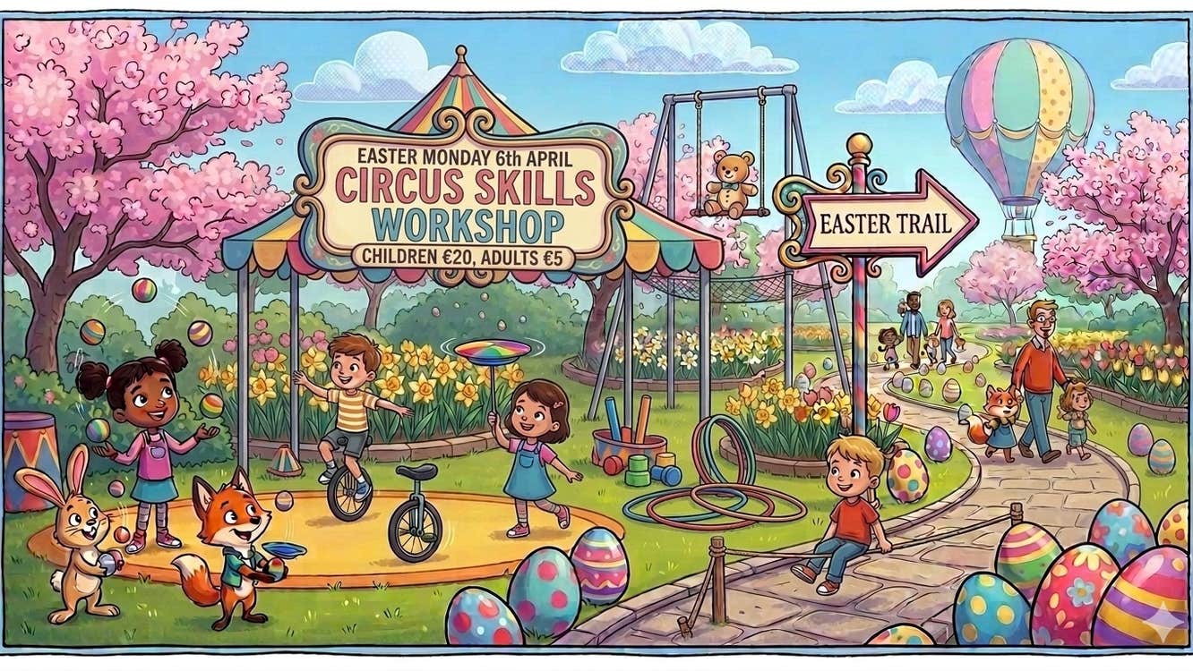 Easter Circus Workshop & Trail, cartoon image of children in a park at a playground.