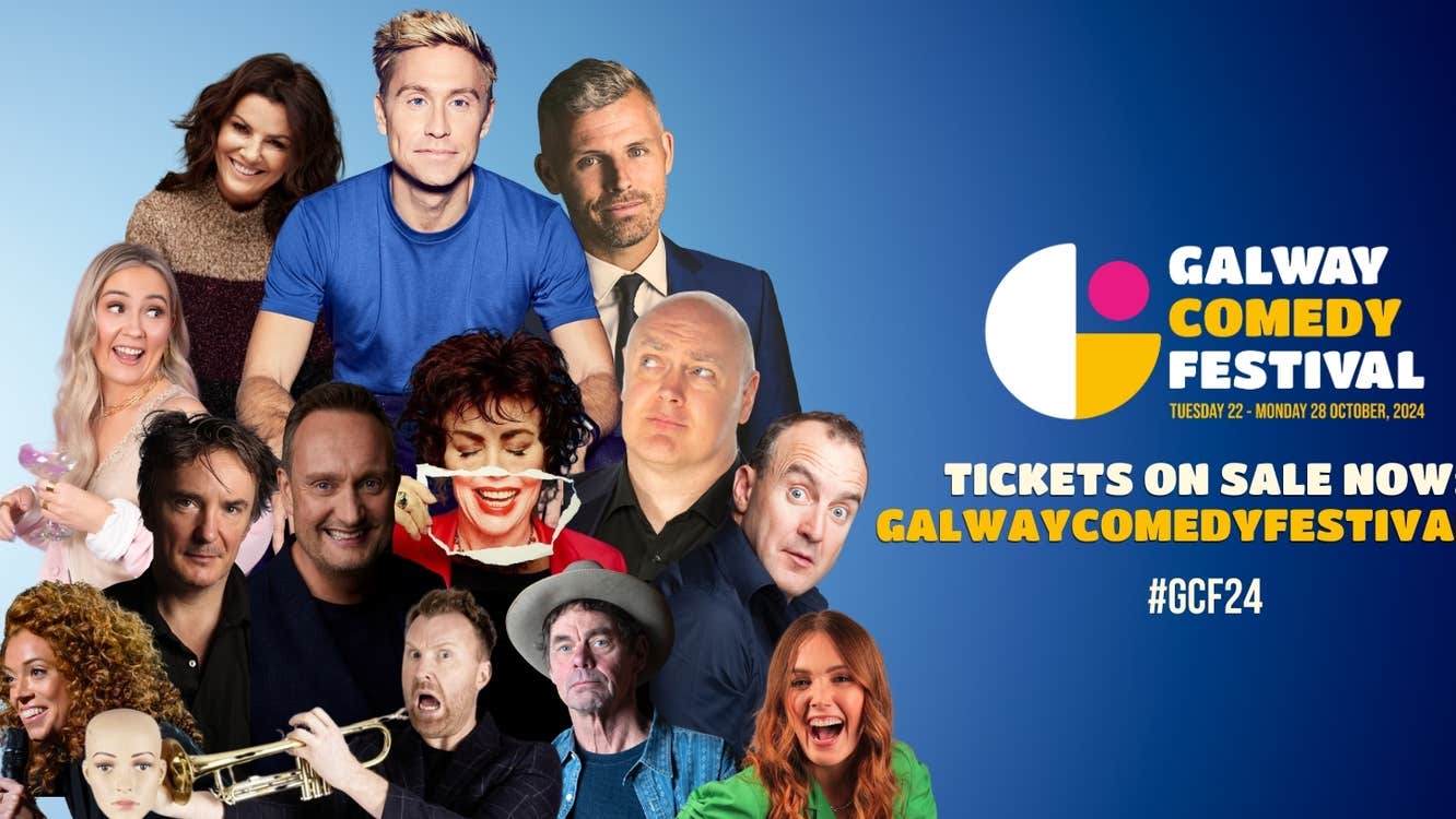 Against blue background, completion of photos of various comedians, with event text in white or yellow to one side.