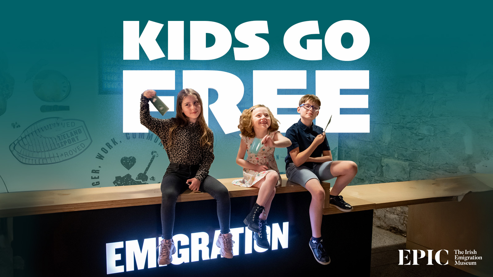 3 children sitting on a wooden bench each holding a ticket with large white text behind them on green background.