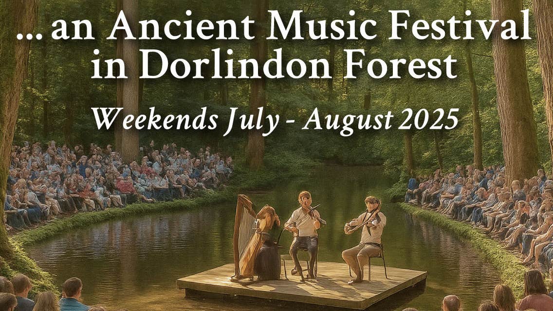 A group of 3 musicians playing on small wooden platform on small pond surrounded by seated audience in woods.