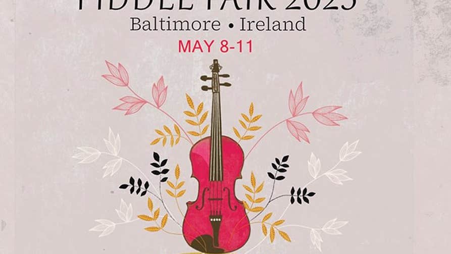 Drawing of an upright fiddle with leaves growing out of it against plain light grey background.