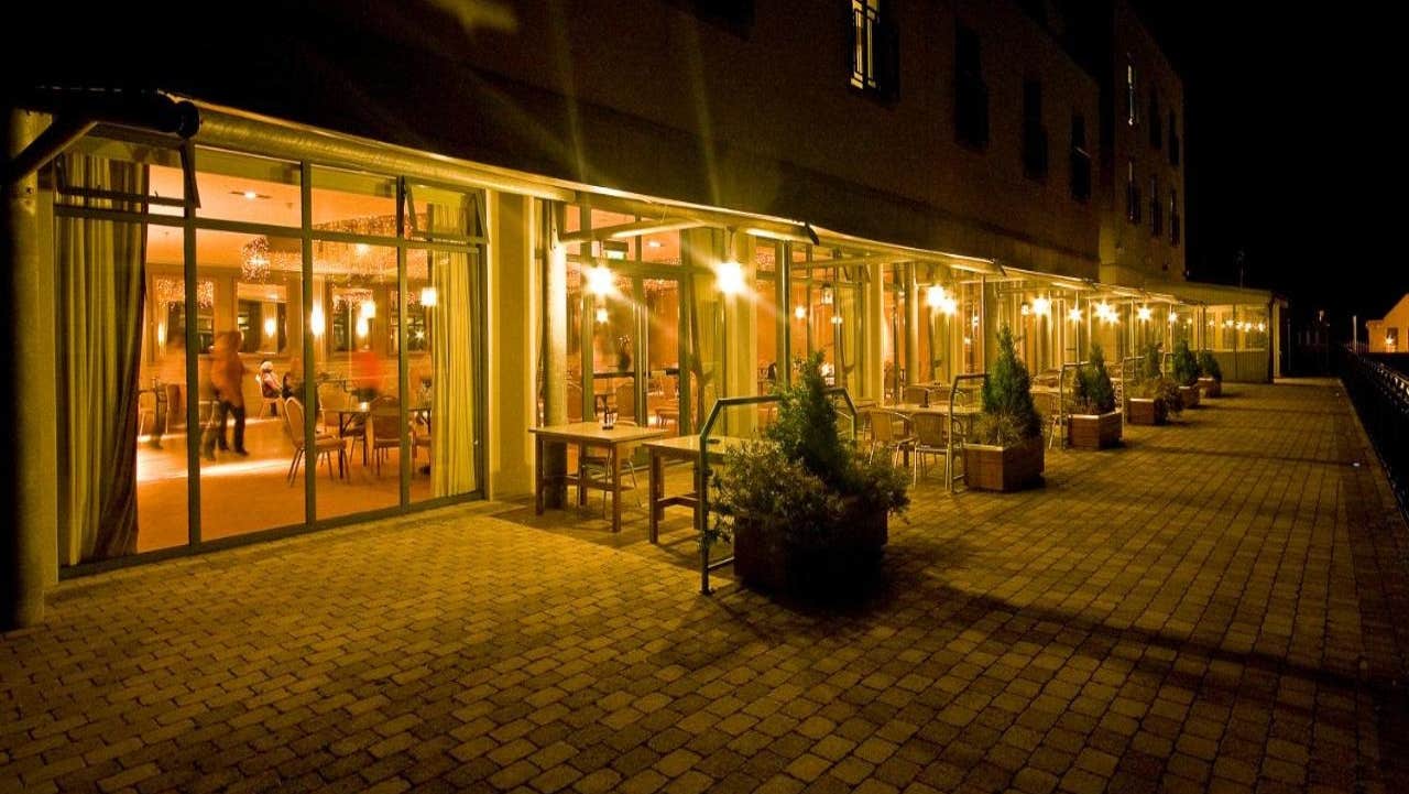 Night image of the patio area.