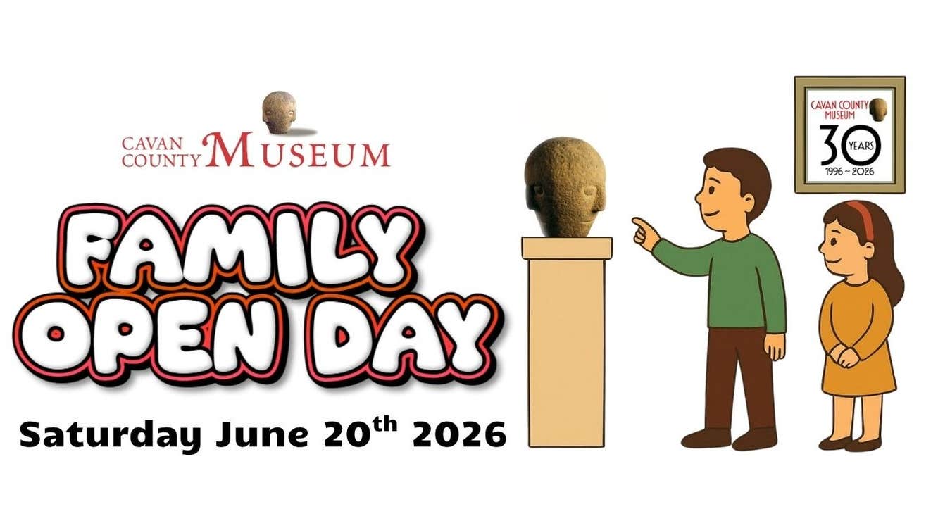 Boy and girl in a museum pointing at a carved head, Cavan County Museum Family Open Day June 20 2026, free admission to the museum 10am to 4pm