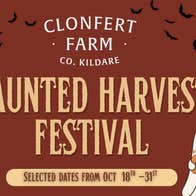 Brown and orange poster for Haunted Harvest Festival at Clonfert Farm