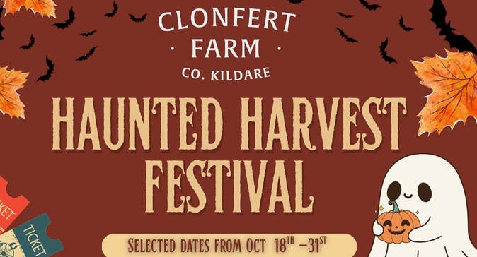 Brown and orange poster for Haunted Harvest Festival at Clonfert Farm