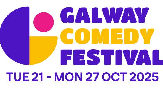 Logo for Galway Comedy Festival of dark purple and yellow text against white background.