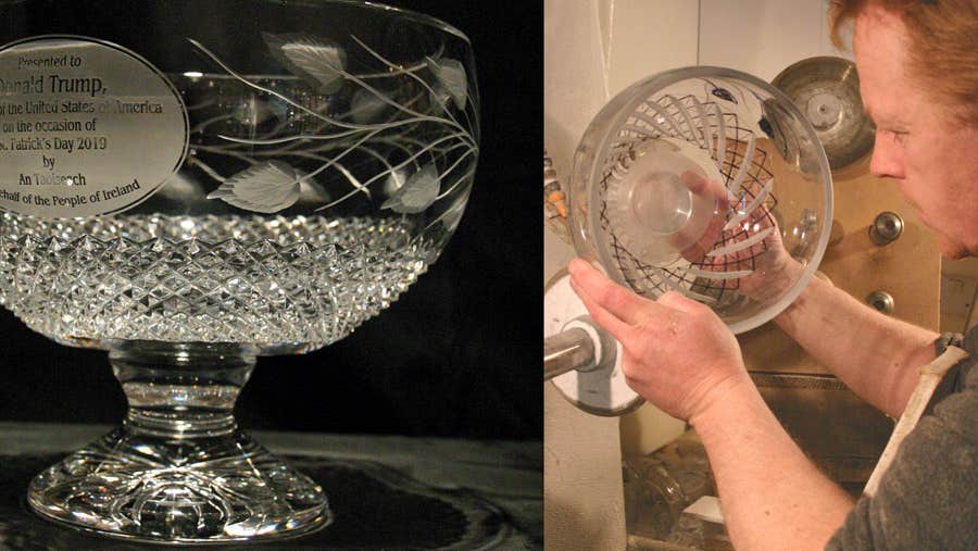 Cutting the crystal vase that was presented to President Donald Trump for St Patricks Day