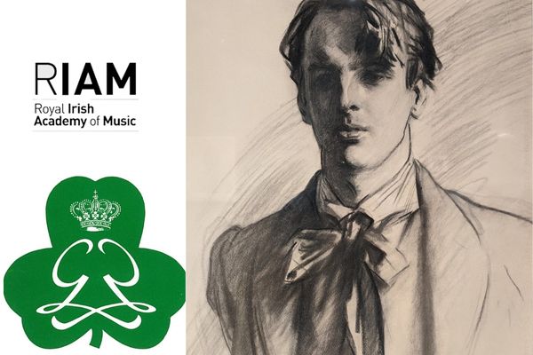 A pencil drawn image of a young man with a loose tie in a bow, beside the green shamrock shaped logo of the Royal Irish Academy of Music.