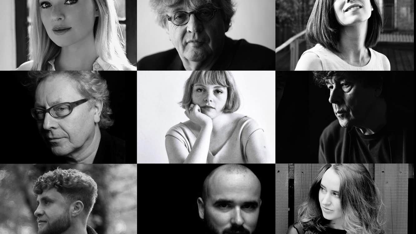 Collage of black and white photos of various writers.
