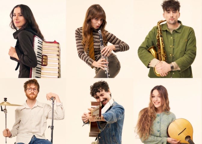 6 individual photos of musician with their instrument, all on cream, plain background.
