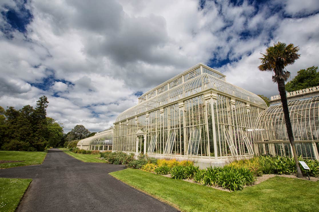 An exterior view of a glasshouse at the National Botanic Gardens in County Dublin.