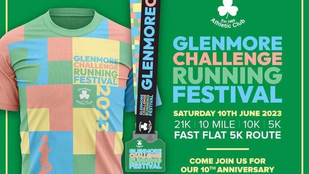 Image of patchwork, multicoloured running T-shirt with same coloured event text beside, all against green background.