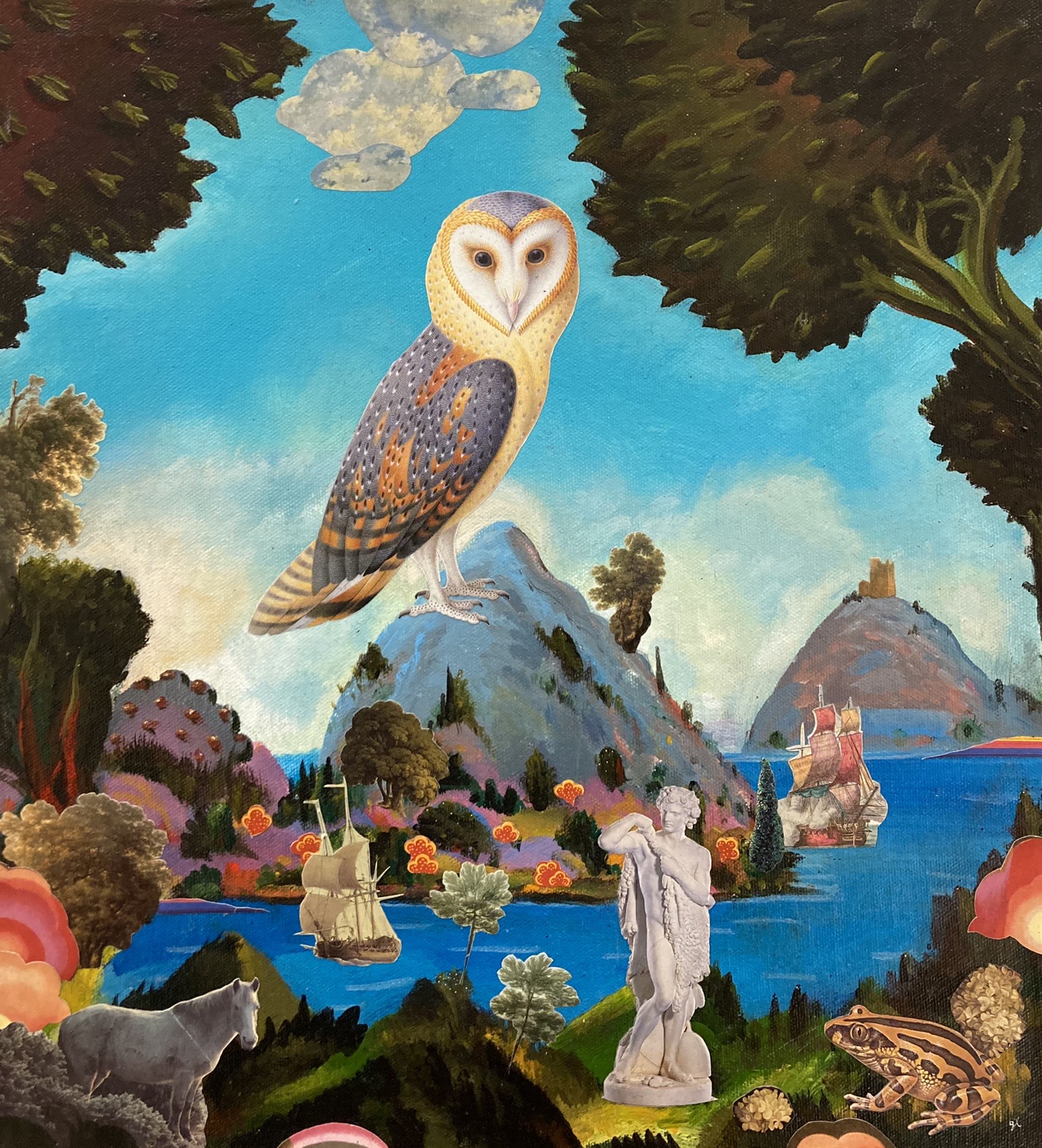 Acrylic Collage on canvas, 38h x 35w cm, €650 Painting with a large owl sat on top of a large hill with lake and various, random objects in the fore ground such as a large frog and a small horse.