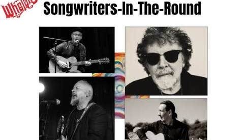 Poster for Songwriters in the Round with 4 different black and white photos of musicians, some performing.