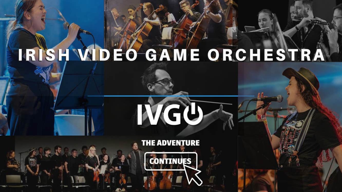 Promo collage for Irish Video Game Orchestra (IVGO). Singer with microphone, cellists playing, wind section, conductor mid-gesture, singer in cowboy hat, and a group photo on stage. Text reads "The Adventure Continues."