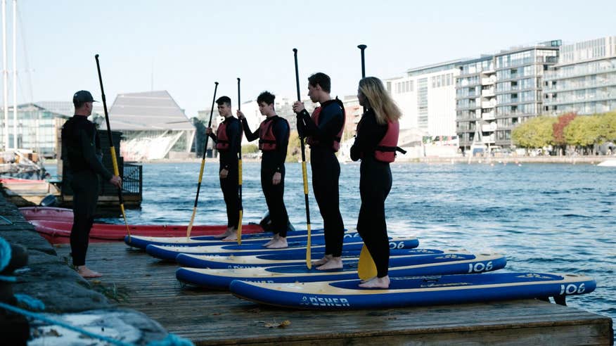 A group of people stand-up paddleboarding in Grand Canal Dock, Dublin