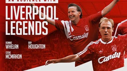 An Audience with Liverpool Legends, 2 different men in red football strips with arms outstretched, on red background with white event text.