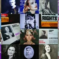 Collage of lots of small pictures of different famous women through history, some with text.